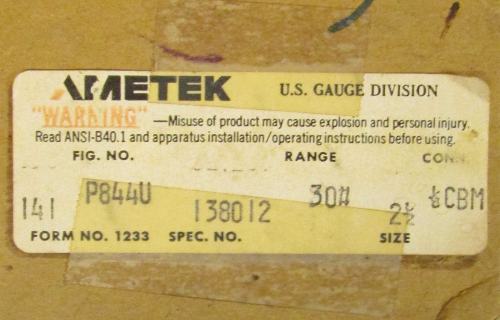 AMETEK US GAUGE P844U 0-30 PSI 2 1/2" Gauge 138012