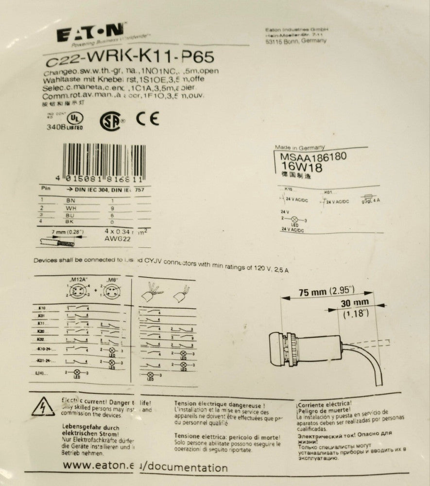 EATON C22 WRK K11 P65 Pre-Wired Selector Switch 1 NO 2 NC