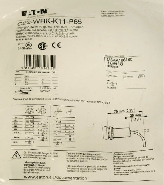 EATON C22 WRK K11 P65 Pre-Wired Selector Switch 1 NO 2 NC