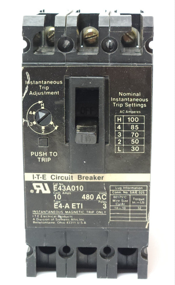 ITE SIEMENS E43A010 3 Pole 10 AMP E4-A ETI Motor Protection Circuit Breaker