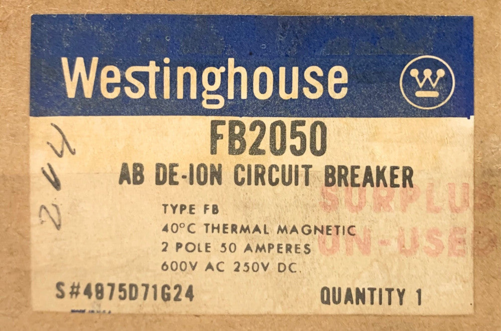 WESTINGHOUSE CUTLER HAMMER FB2050 2 Pole 50 AMP Type FB Circuit Breaker 600 VAC
