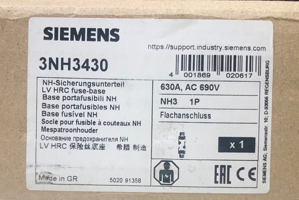 SIEMENS 3NH3430 HRC II MISC 500 AMP 600 VAC Fuse Holder NH3 630A 3NH3