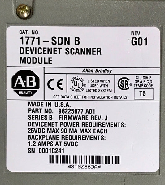 ALLEN BRADLEY 1771 SDN Series B DeviceNet Scanner Module 1771-SDN/B