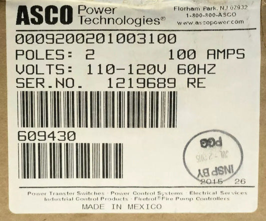 ASCO 00092000201003100 Remote Control Switch Model 920 100 AMP 2 Pole 120 VAC