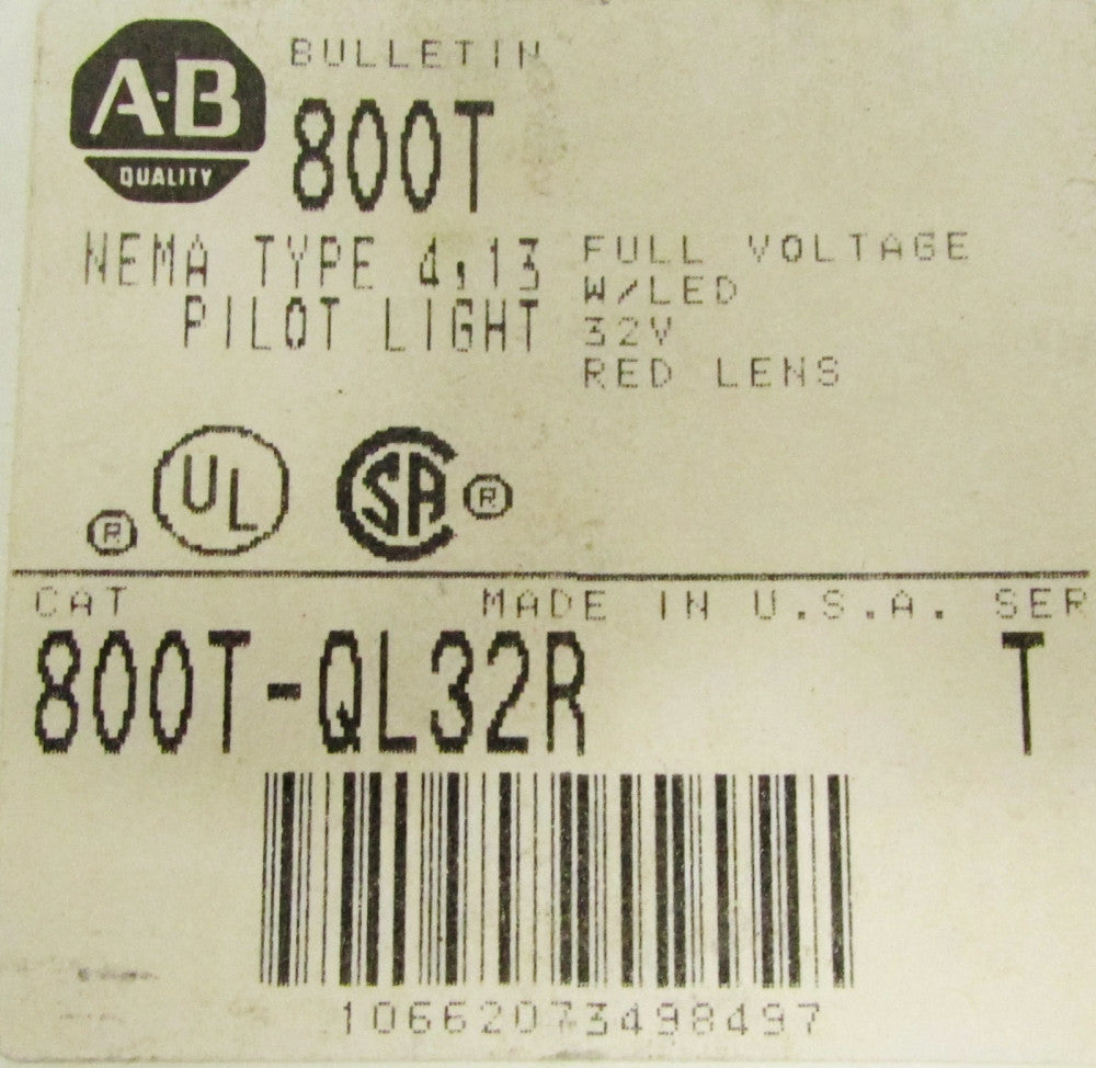 ALLEN BRADLEY 800T QL32R 32 V Red Lens Indicating Pilot Light 