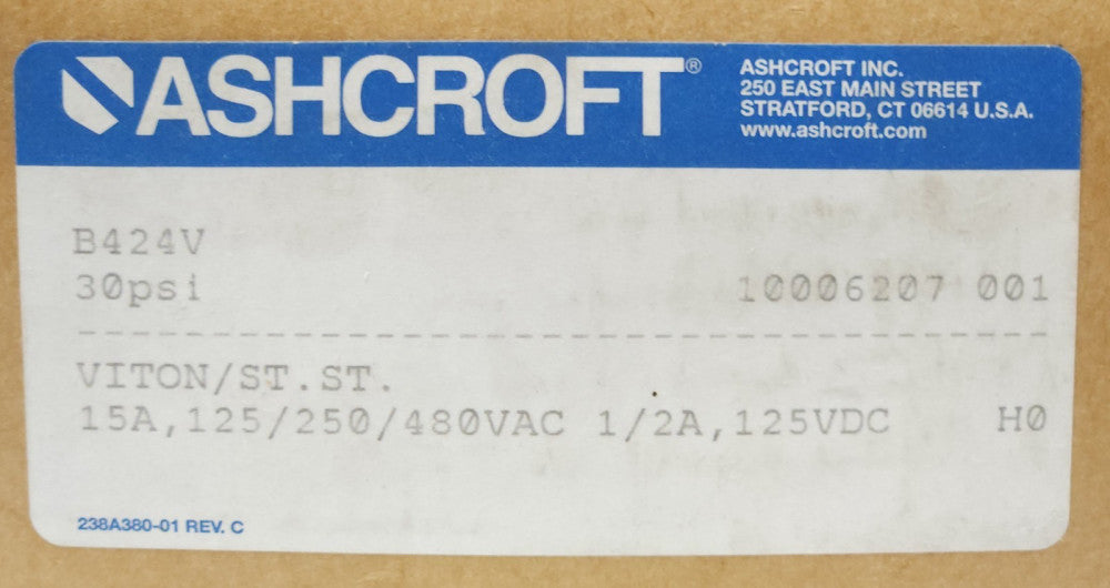 ASHCROFT B424V 30PSI Pressure Switch 15A 125/250/480 VAC 1/2A 125 VDC