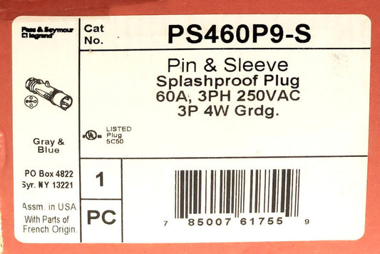 PASS SEYMOUR LEGRAND PS460P9 S Pin Sleeve Splashproof Plug 60 AMP 250 VAC 3Phase