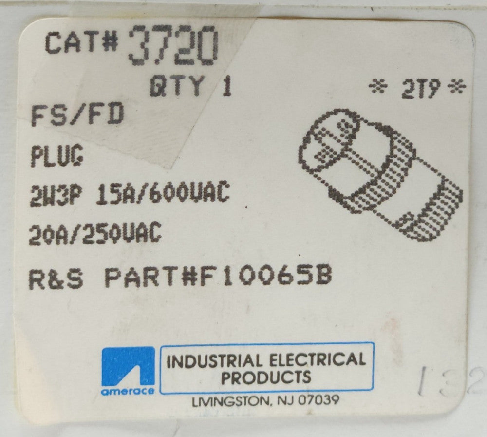 RUSSELLSTOLL AMERACE 3720 R&S F10065B FS/FD PLUG 2W3P 15 AMP 600 VAC 20 AMP 250