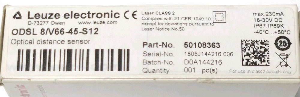 LEUZE ELECTRONIC ODSL 8/V66-45-S12 Optical Distance Proximity Sensor ODSL 8 V66
