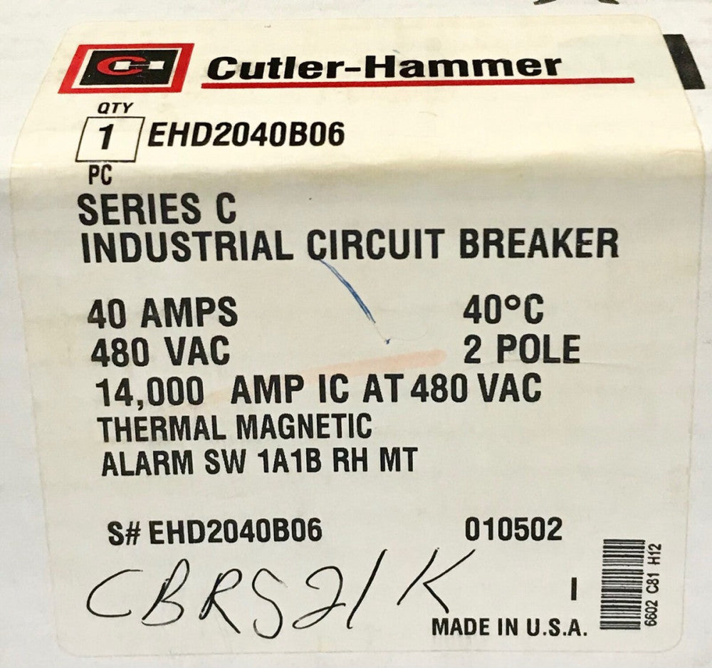 EATON CUTLER HAMMER EHD2040B06 2 Pole 40AMP Type EHD2040 Circuit Breaker