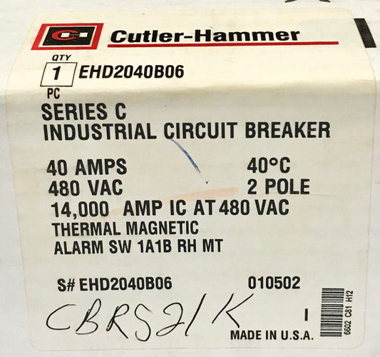 EATON CUTLER HAMMER EHD2040B06 2 Pole 40AMP Type EHD2040 Circuit Breaker