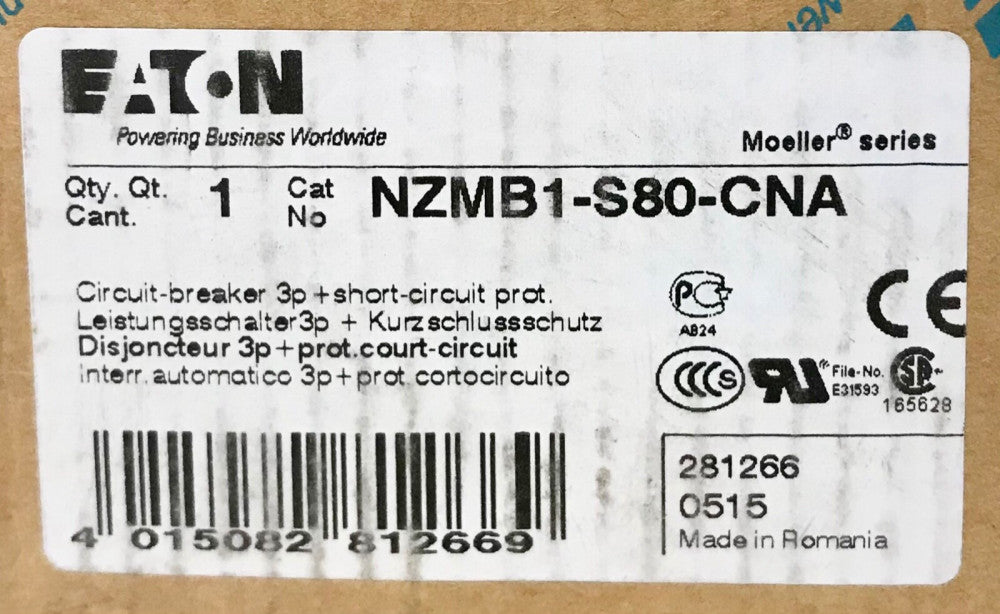 EATON MOELLER NZMB1 S80 CNA 3 Pole 80 AMP 690 VAC NZN 1 Circuit Breaker 