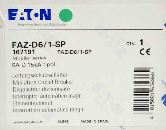 EATON MOELLER FAZ-D6/1-SP Single Pole 6 AMP Miniature Circuit Breaker 277/480VAC