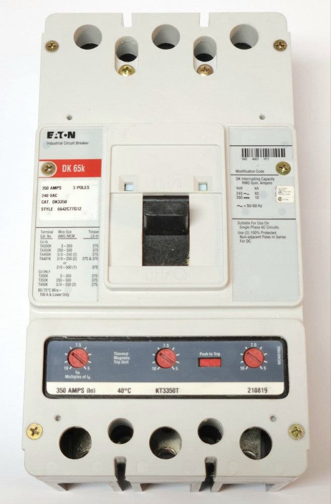 EATON CUTLER HAMMER DK3350 3 Pole 350 AMP Type DK Circuit Breaker 240 VAC DK 65K