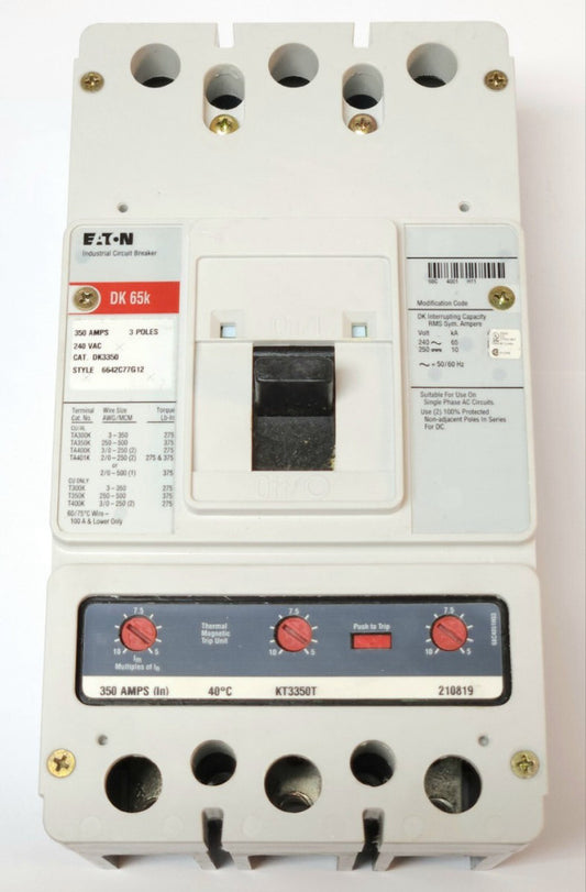 EATON CUTLER HAMMER DK3350 3 Pole 350 AMP Type DK Circuit Breaker 240 VAC DK 65K