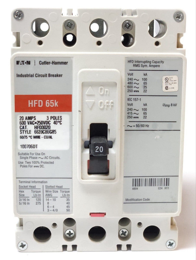 EATON CUTLER HAMMER HFD3020 3 Pole 20 AMP Type HFD Circuit Breaker
