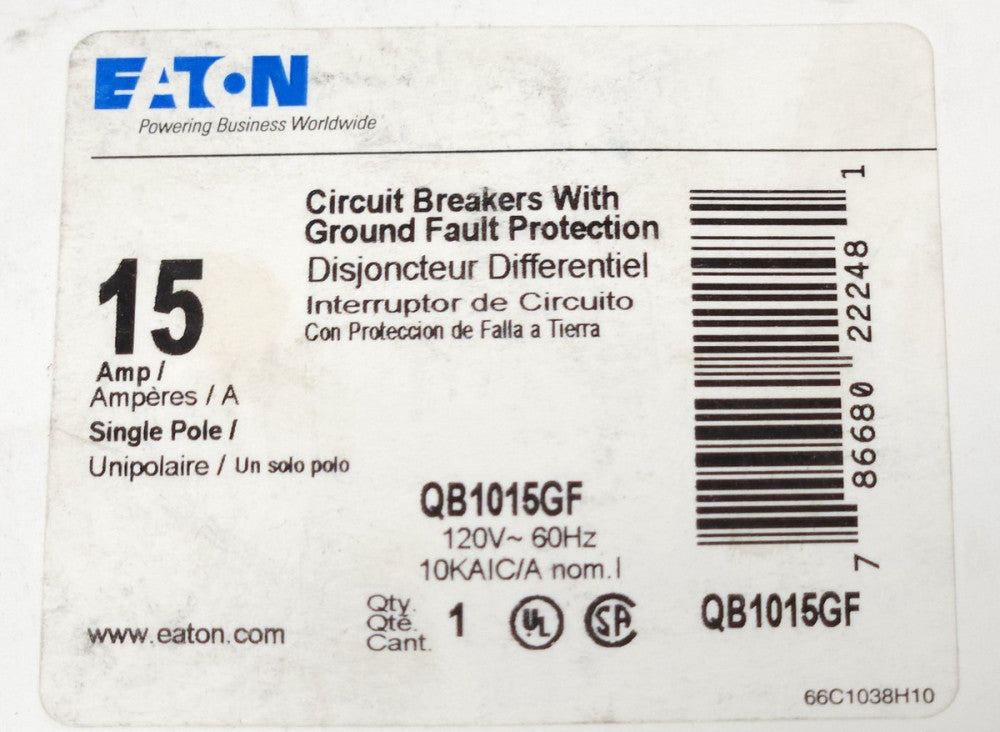 EATON CUTLER HAMMER QB1015GF Single Pole 15 AMP Type QB GFCB HAGF Ground Fault