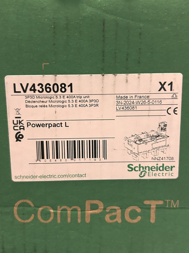 SCHNEIDER ELECTRIC LV436081 400 AMP POWERPACT L 3P3D Micrologic 5.3E Electronic
