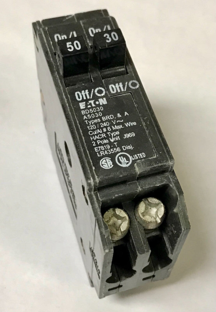 EATON CUTLER HAMMER BD5030 Type BR 1 Pole 50 AMP 30 AMP Duplex Circuit Breaker