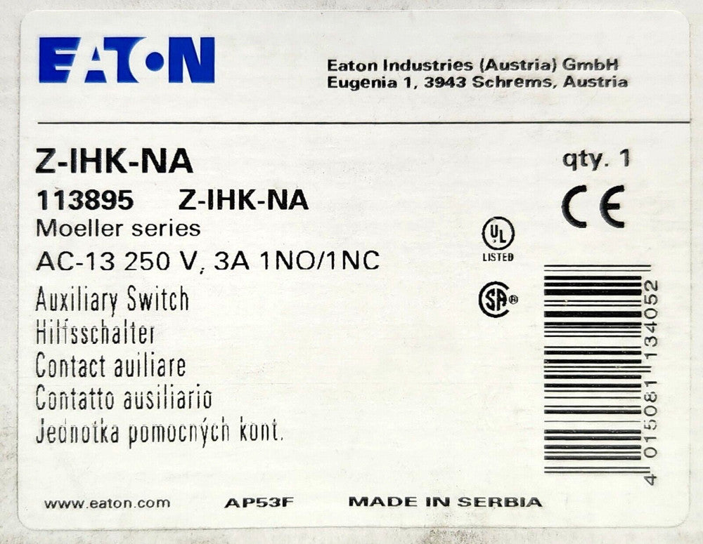 EATON MOELLER Z IHK NA Auxiliary Contact Module 1 NO 1 NC 2030090