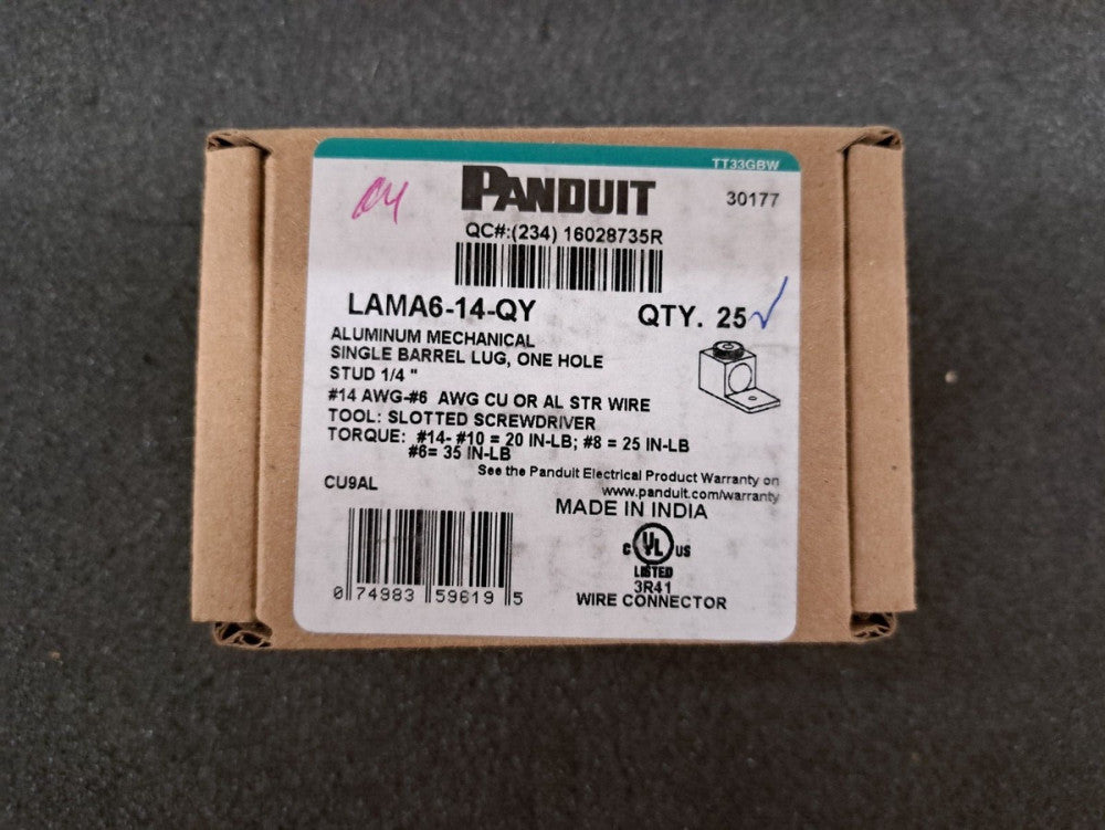 New, Panduit, LAMA6-14-QY, CONN TERM RECT LUG 6-14 AWG #1/4, Lot of 12pcs!