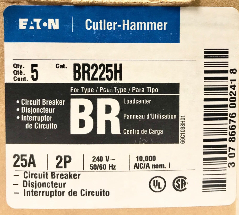BOX OF (5) EATON CUTLER HAMMER BR225H 2 Pole 25AMP Type BR BR225 Circuit Breaker