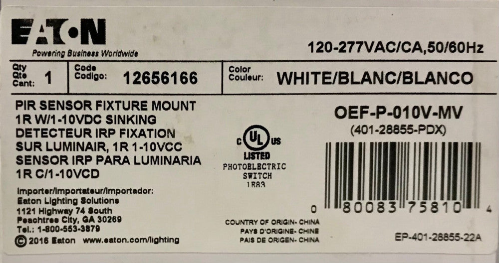 EATON OEF P 010V MV 401 28855 PDX PIR Sensor 120-277 VAC IRC 1-10 VDC