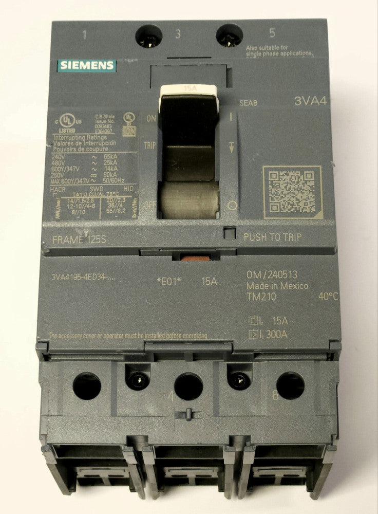 SIEMENS 3VA4195 4ED34 0AA0 3 Pole 15 AMP 3VA4 FRAME 125S