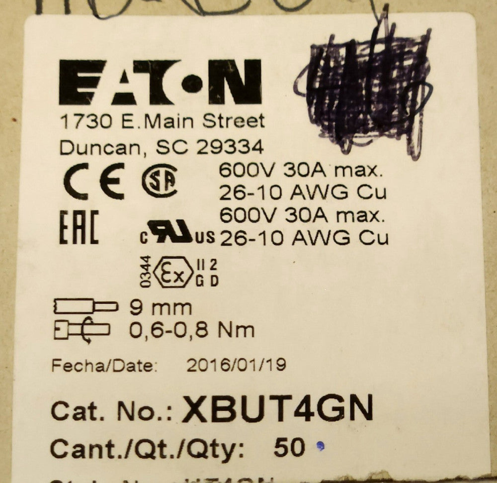 BOX OF 50 EATON XBUT4GN GREEN Terminal Block UT4GN 600 VAC 30 AMP 26-10 AWG