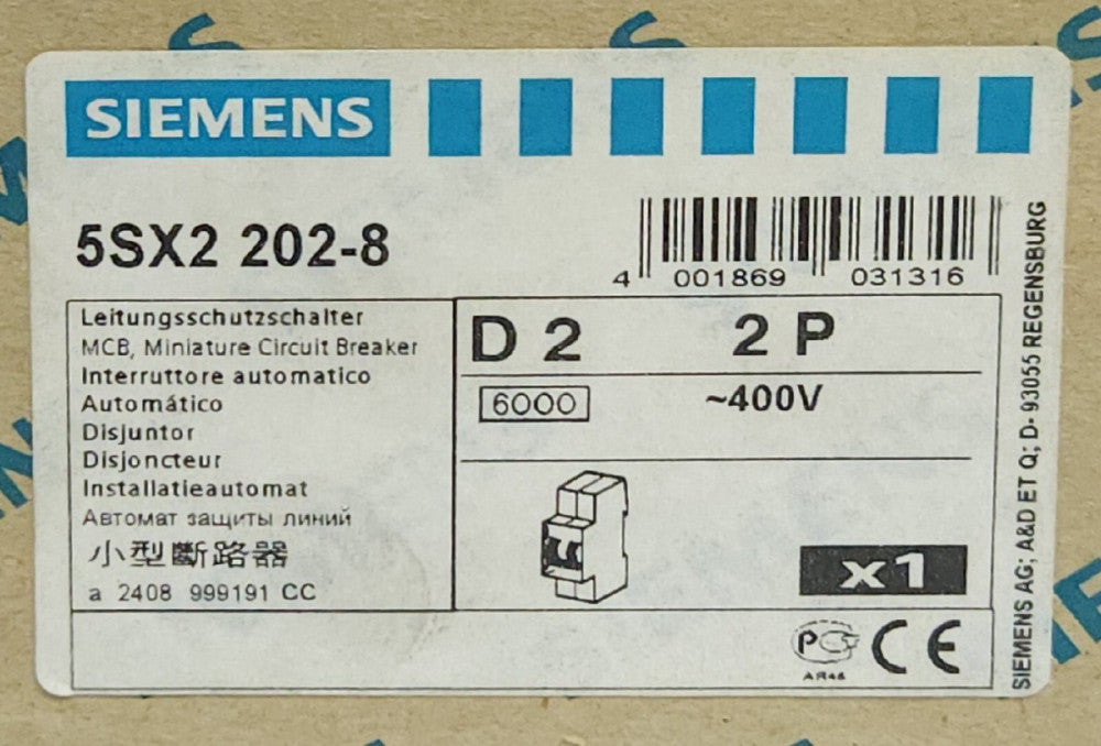 SIEMENS 5SX2 202-8 2 Pole 2 AMP Miniature Circuit Breaker