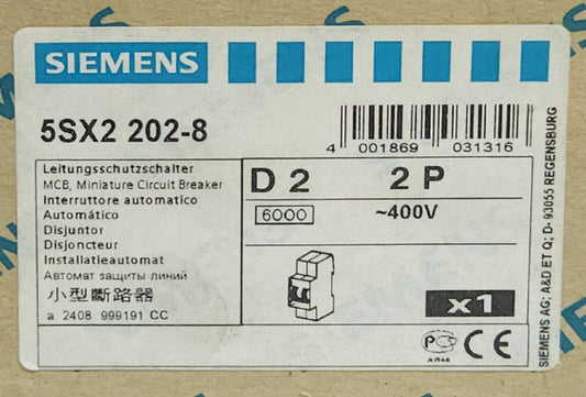 SIEMENS 5SX2 202-8 2 Pole 2 AMP Miniature Circuit Breaker