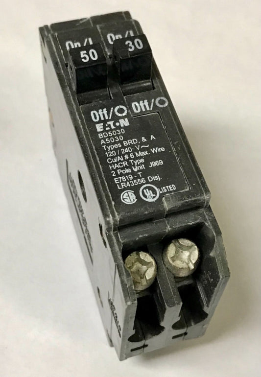EATON CUTLER HAMMER BD5030 Type BR 1 Pole 50 AMP 30 AMP Duplex Circuit Breaker