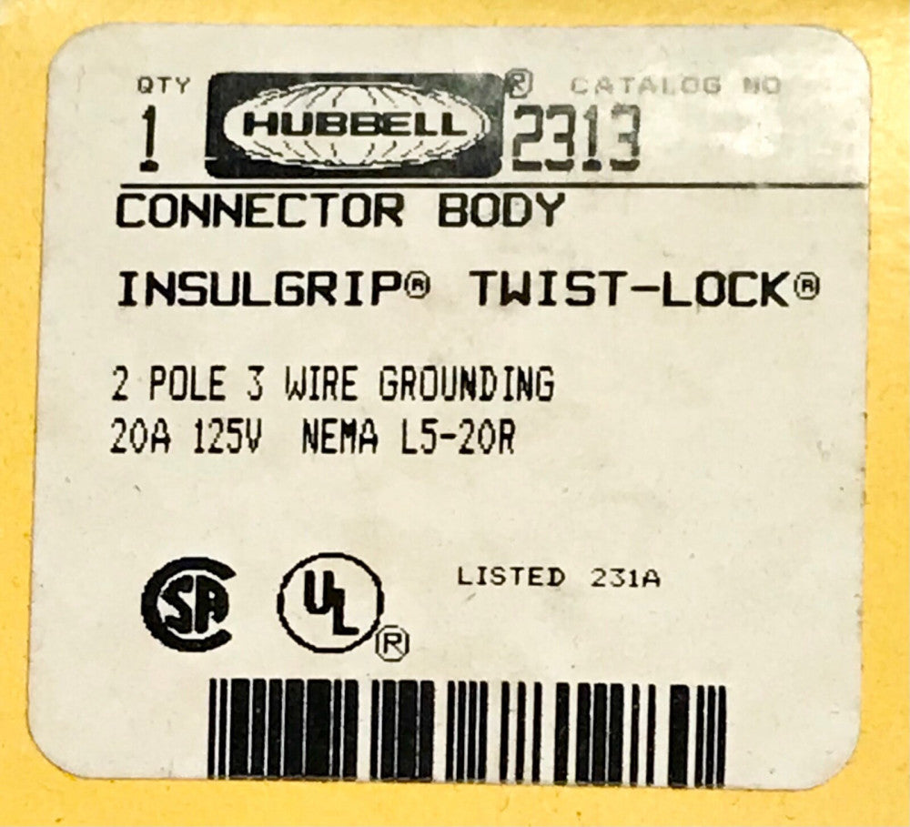 HUBBELL 2313 Insulgrip Twist Lock Connector Body 2 Pole 3 Wire 20 AMP 125 VAC