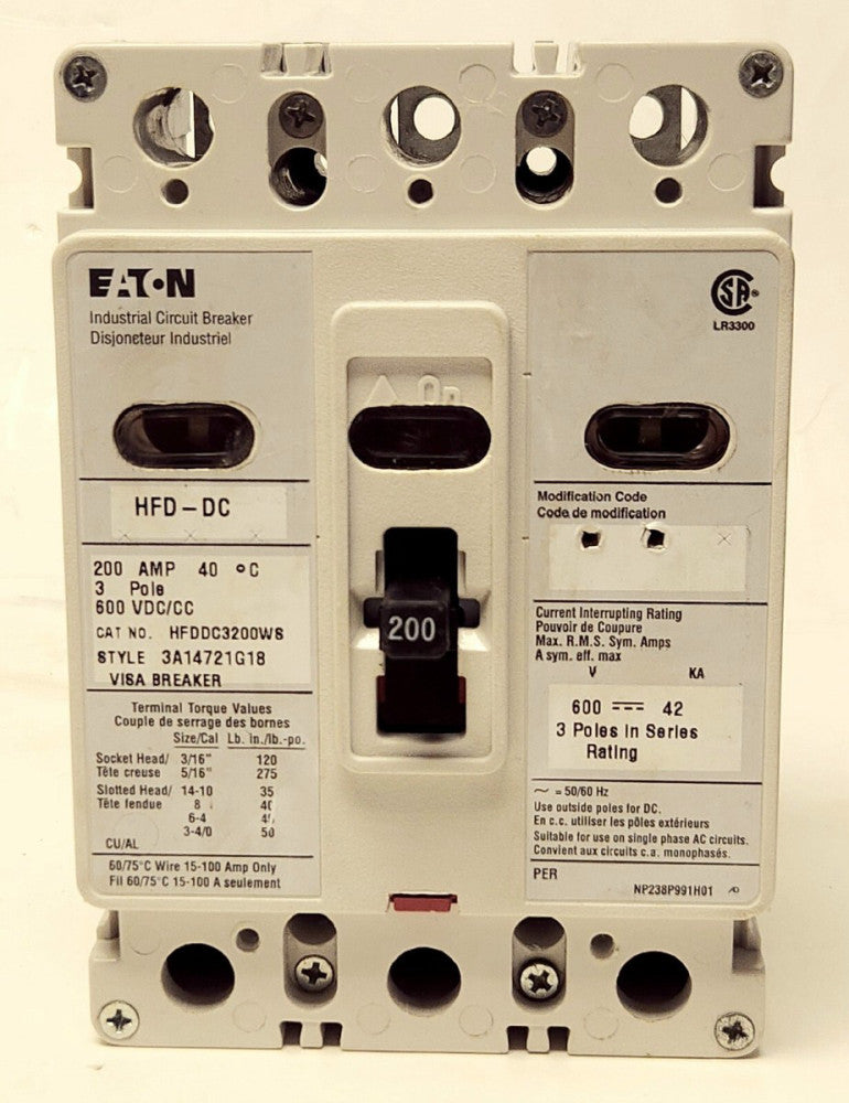 EATON CUTLER HAMMER HFDDC3200WS 200 AMP HFD-DC Safety View Visa Breaker 3 Pole