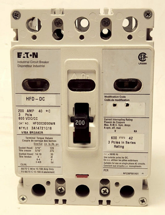 EATON CUTLER HAMMER HFDDC3200WS 200 AMP HFD-DC Safety View Visa Breaker 3 Pole