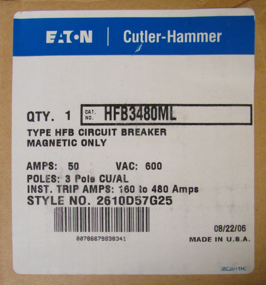 EATON CUTLER HAMMER WESTINGHOUSE HFB3480ML Magnetic Only Breaker 160-480 Trip
