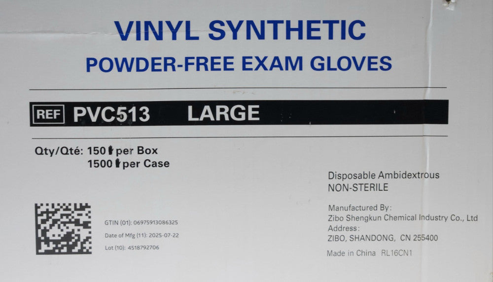 FULL CASE OF 1500 VINYL FREE EXAM GLOVES PVC513 LARGE 10 Boxes of 150 Each