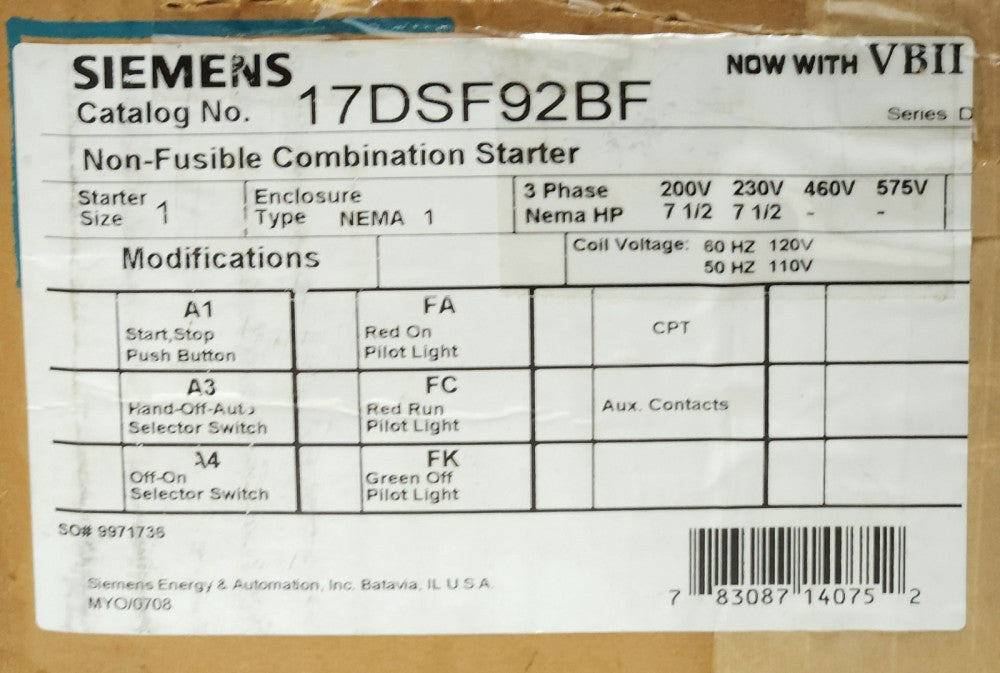 SIEMENS Combination Starter 120 VAC Size 1 14DS+32A Starter Nema 1 Enclosure