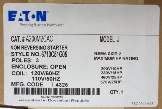 EATON CUTLER HAMMER A200M2CAC 120 VAC Size 2 A200 Starter