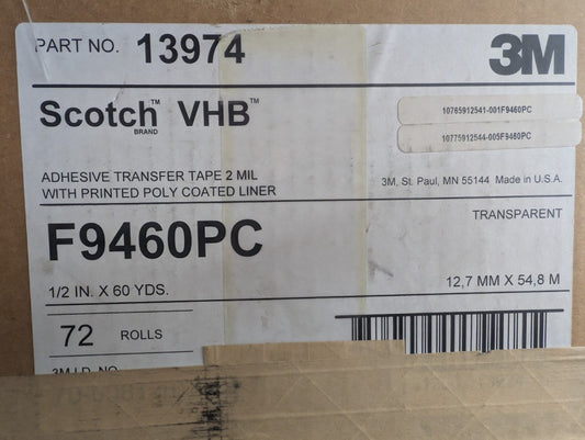 New, 3M, F9460PC, TAPE ADHSV TRNSFR CLR 1/2 INCH X 60YDS (13974)