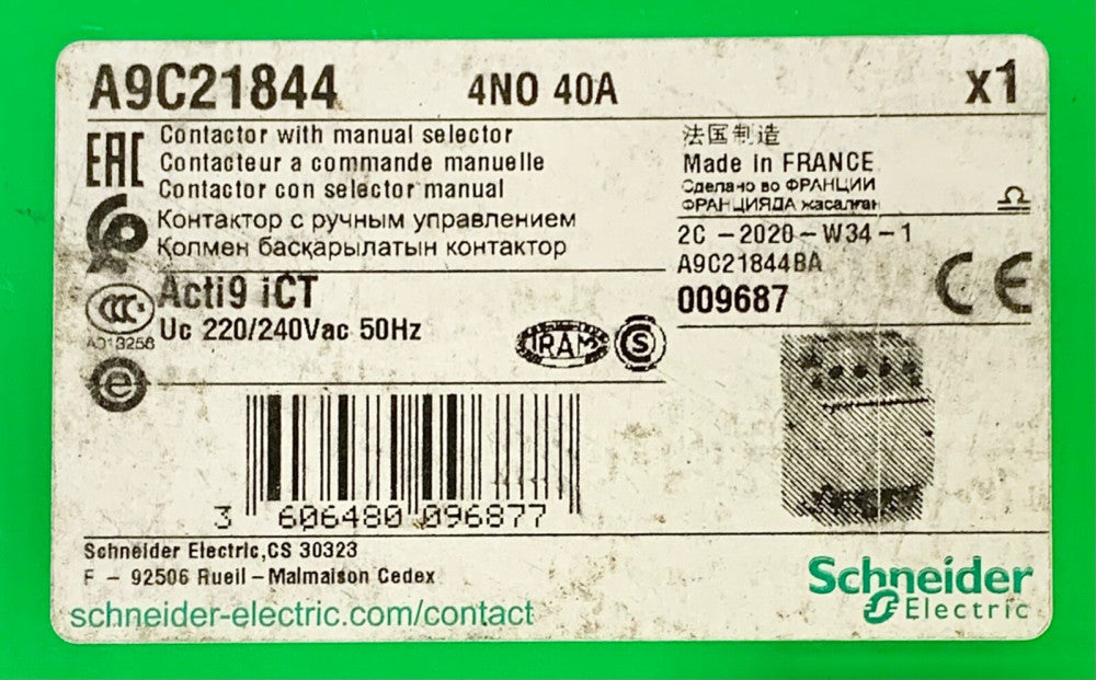 SCHNEIDER ELECTRIC A9C21844 Manual Selector Contactor 4 NO 40 AMP Acti9 ICT 220 