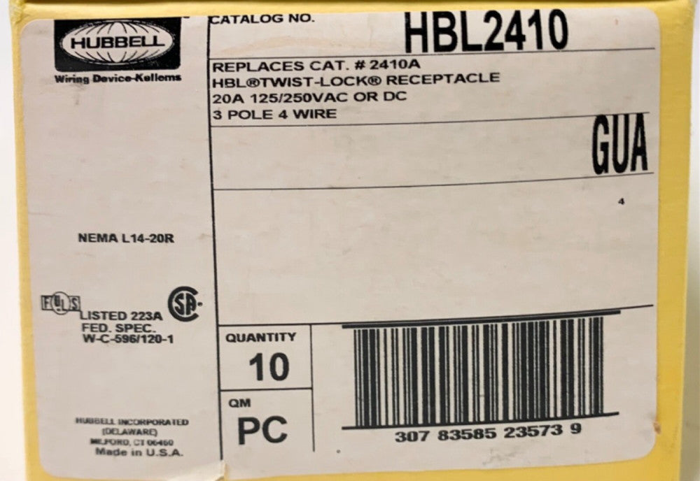 1 Box of 10 HUBBELL HBL2410 3 Pole 20 AMP 2410A HBL Twist Lock Receptacle 125 