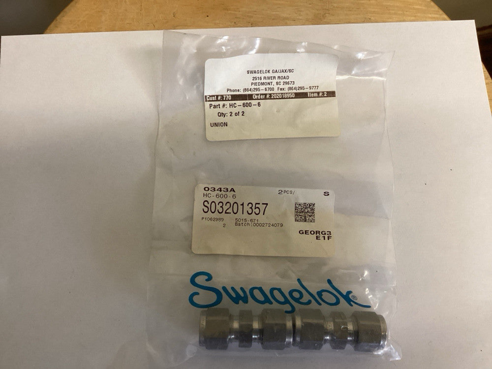 Alloy C-2767 Swagelok HC-600-6. 3/8” Union. 1 Pack of 2 Fittings.