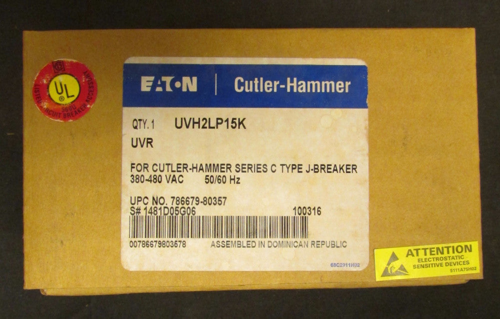 EATON CUTLER HAMMER UVH2LP15K J Breaker Undervoltage Release UVR 1481D05G06