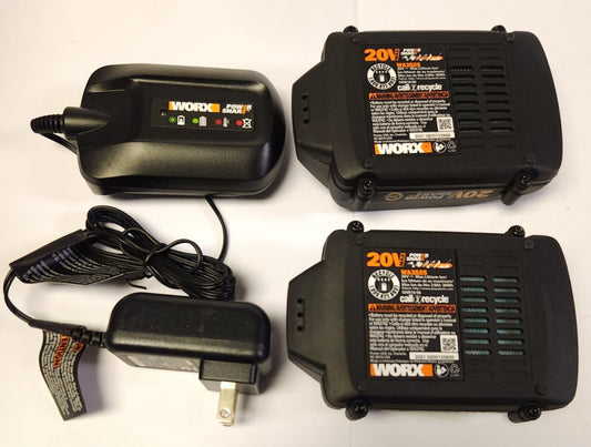 WORX OEM WA3742 CHARGER With TWO WA3525 POWER SHARE 20 Volt Batteries 2.0 AH