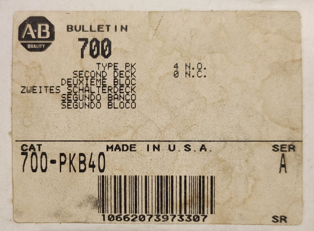ALLEN BRADLEY 700-PKB40 Type PK Control Relay Second Deck Contact Cartridge 4 NO