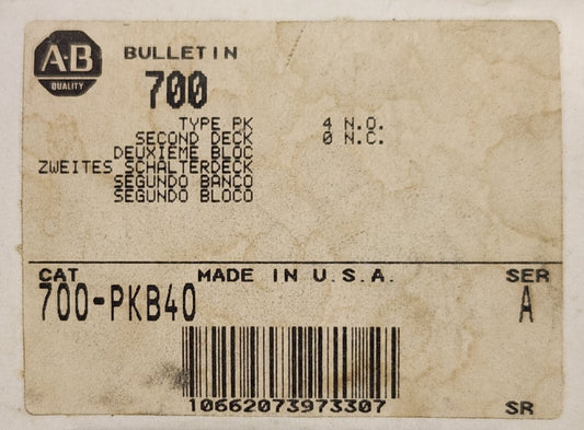 ALLEN BRADLEY 700-PKB40 Type PK Control Relay Second Deck Contact Cartridge 4 NO