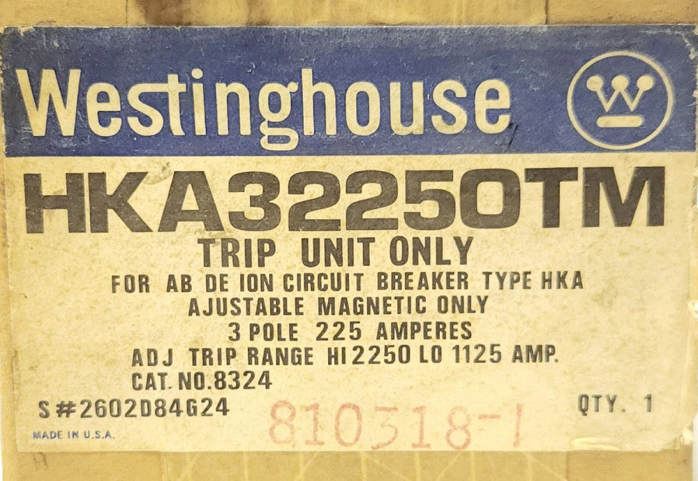 WESTINGHOUSE CUTLER HAMMER HKA32250TM 225 AMP Type KA HKA MAG ONLY TRIP Unit