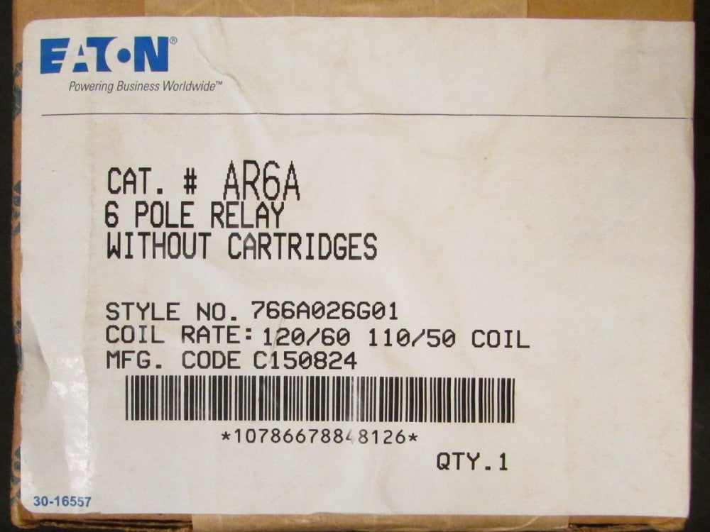 EATON CUTLER HAMMER AR6A 110/120V 6 Pole Relay 766A026G01 (Without Cartridges) 