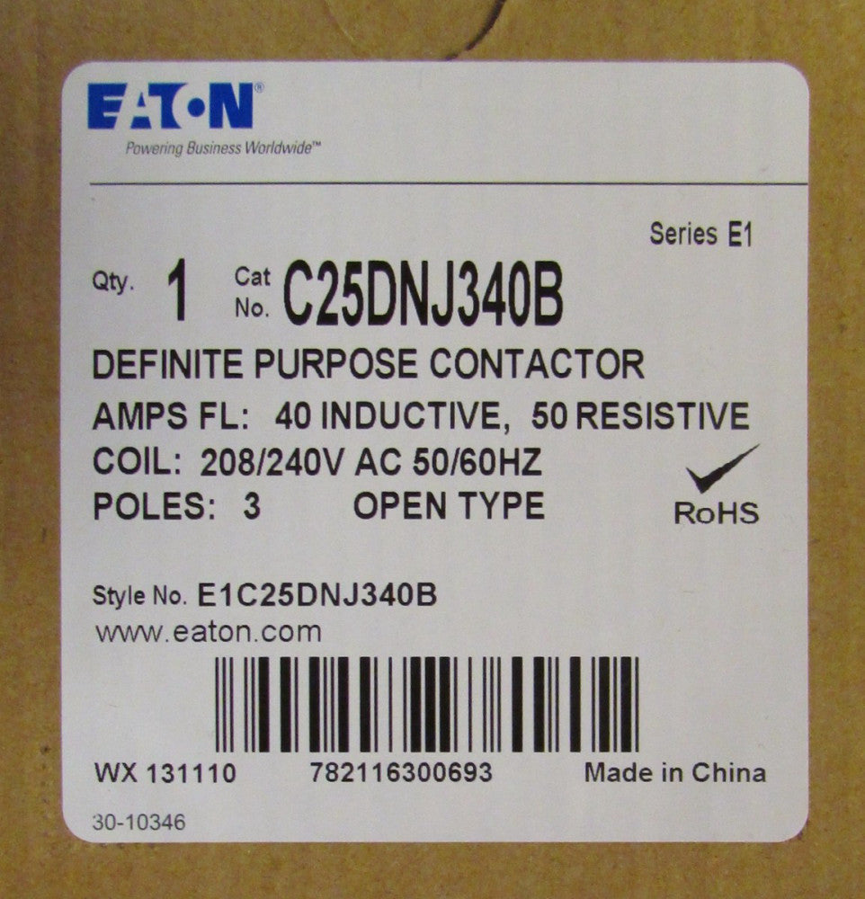 EATON C25DNJ340B 3 Pole 40 Amp 208 240 VAC Definite Purpose Contactor C25DNJ340 